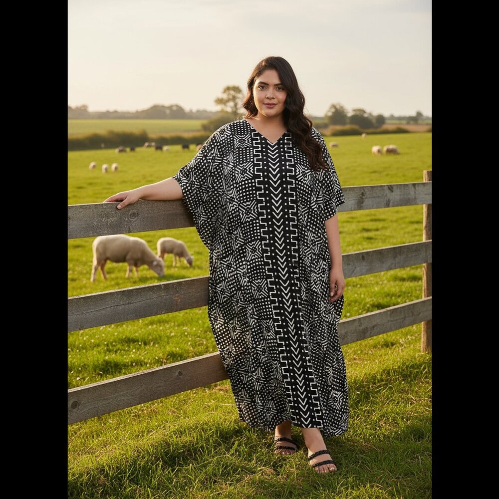 Plus Size Tribal Printed Black Polyester Kaftan Dress for Women by Gypsie Blu